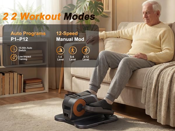 Under Desk Elliptical Machine, Quiet Seated Leg Exerciser for Home Office, Adults and Seniors, Remote Control, 12 Speeds, 3 Auto Modes, Forward/Reverse, Fully Assembled, Gray