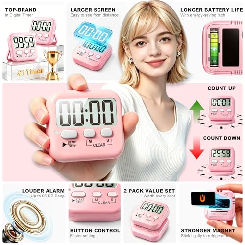 Antonki 2 Pack Digital Timer for Kids, Magnetic Countdown Kitchen Timers for Cooking, Egg, Classroom, Teacher, Exercise, Study, Oven - Battery Included - color: Relaxing Pink