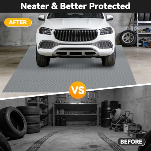 Grandroad auto 10x20 FT Garage Floor Mat, 2.8mm Thickened Flooring Roll for Under Car Diamond Plate PVC Rubber Mat with 20 Pcs Tapes, Non-Slip Floor Mat for Garage, Warehouse, Gyms, Trailer, Gray - color: Grey, size: 10×20FT