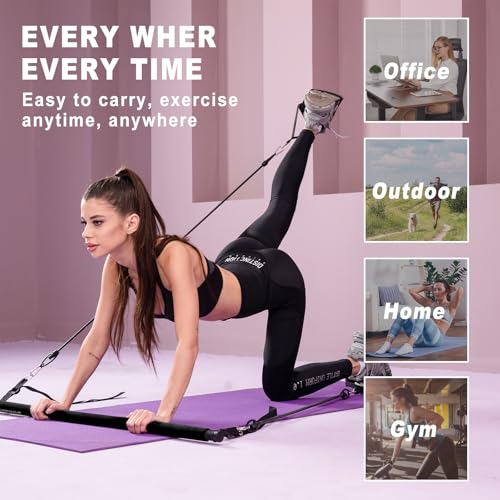 Pilates bar kit Multiple Fitness bar with Resistance Bands, Ab Rollers.Core Strength Training Equipment. Squat Machine for Men and Women.Portable Home Gym Pilates bar kit for Full Body Training Women - style: Basic black