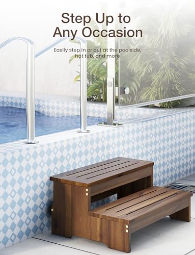 TINAMO 25" Acacia Bed Steps for High Beds for Adult 500LBS - 2-Step Wood Step Stool - Wooden Step Stool for Bed - Heavy Duty Hot Tub Steps & Hot Tub Stairs - Walnut Color (Patent Pending)