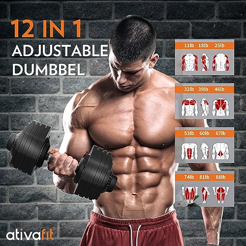 ATIVAFIT Adjustable Dumbbells Set, 5–88LB Quick Adjust Free Weights with Double Safety Lock & Anti-Slip Steel Handle, Space Saving Home Gym Equipment for Full Body Strength Training - color: 88LBS-Black, size: Pair