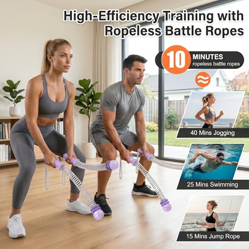 Cordless Ropeless Battle Ropes for Home Gym | Adjustable Portable Battle Ropes with Storage Bag, Exercise Equipment for Strength Training Men& Women,Purple
