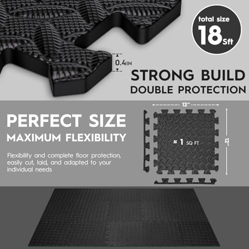 18pcs Puzzle Exercise Mat, 12.6"x12.6"x0.4", 18sqft EVA Interlocking Foam Floor Tiles, Protective, Water-Resistant Flooring for Home Gym & Workout Equipment - color: Black