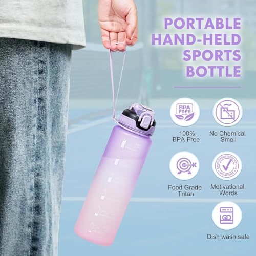 Water Bottle with Straw 1L,Boys Water Bottles with Straw 1 Litre,Waterbottle Leak-Proof Sports Water Bottle,Plastic Drinks Bottles Toxin Free，Bpa-Free (Purple) - color: 06-Purple