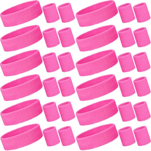 Bememo 36 Pcs Neon Sweatbands Set Soccer Party Favors Cotton Headbands Wristband Sweat Bands Soccer Mom Essentials for Football Fans Sporting Events 80 90s Glow Party - color: Pink, size: Small