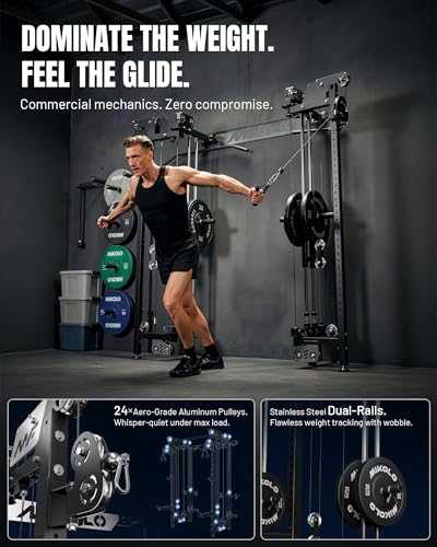 Mikolo Folding Squat Rack, Wall Mounted Power Rack with Cable Crossover Machine & LAT Pull Down, Functional Trainer with 5 Adjustable Function Modes, Home Gym Package - color: Black, size: WR02 Pro-Forge (Rack Only)