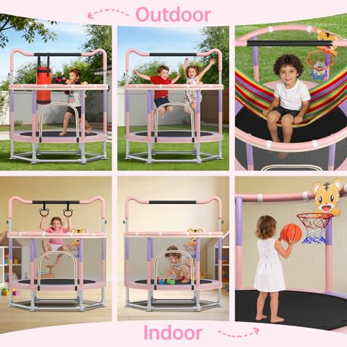 Full Wrap-Around Double Ring Legs 440lbsToddler Trampoline with Net,Trampoline for Kids - color: Pink, size: 60''