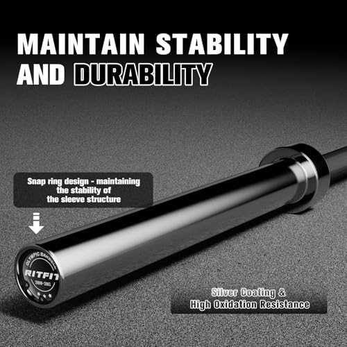 RitFit Elite 7ft Olympic Barbell, Robust 45lb Barbell for Weightlifting and Powerlifting, Superior Olympic Bar with Exceptional 500lbs Load Capacity, Weight Bar for 2” Standard Plates - color: Silver/Black, size: 7 ft 500 lb 45 lb without Collar