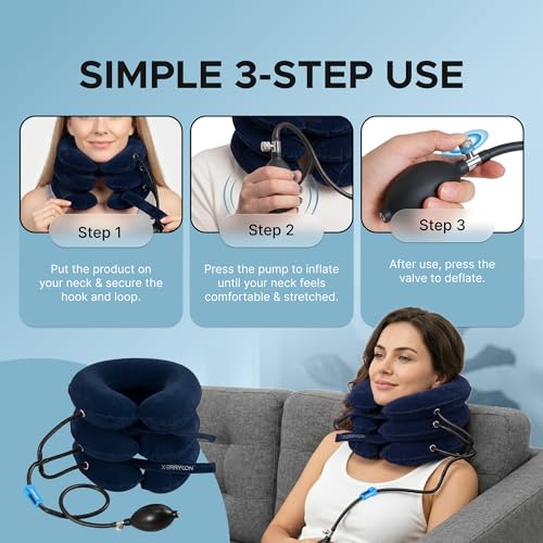 Inflatable Neck Stretcher for Neck Pain Relief, Cervical Traction Device with Hand Pump, 3-Layer Adjustable Neck Decompression Collar for Pinched Nerve, Stiff Neck & Tech Neck Support | Breathable Material - color: Midnight Navy Blue