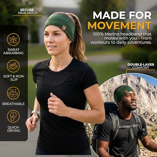 menique 100% Merino Wool Headband for Women Non Slip Stretchy Workout Sweatband Moisture Wicking Breathable Wide Hairband for Running Hiking Sport Gym Yoga Nurse Fashion (Black, One Size) - color: Dark Green
