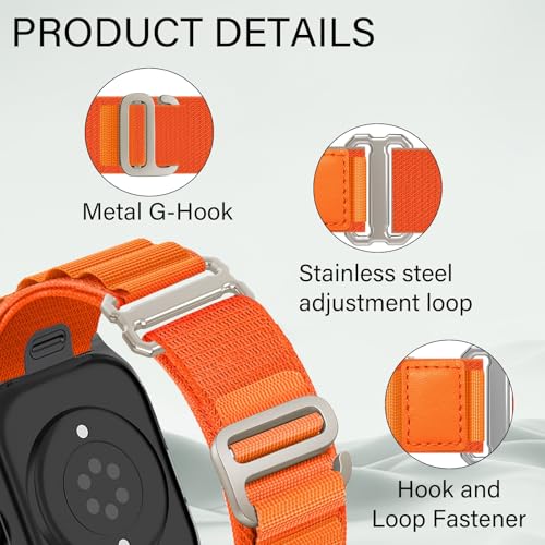Alpine Loop Nylon Band - Compatible with Apple Watch Ultra 2/Ultra Bands 49mm 45mm 44mm for Men Women, Adjustable with Metal C Hook Strap for iWatch Ultra 2 iWatch Ultra Series 10 46mm SE/9/8/7/6/5 - color: Alpine/Bright Orange Titanium