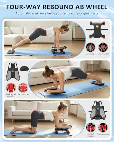 Ab Roller Wheel, Ab Roller, Upgraded Automatic Rebound Ab Roller with Elbow Support, Knee Mat & Timer, 4 Wheels Ab Workout Equipment for Core Strength Training, Silent Ab Wheel for Beginners Men Women Home Gym Fitness - color: Black and Red
