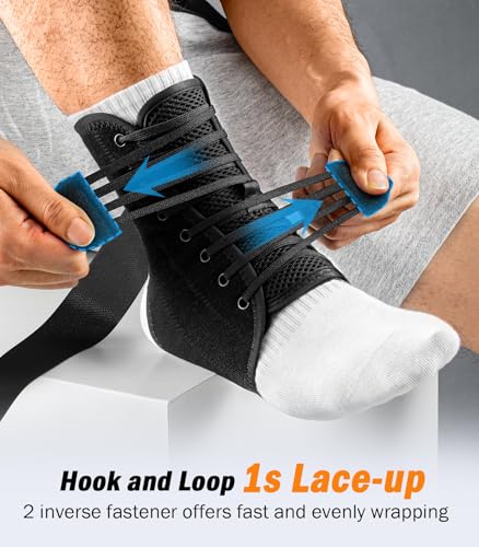 Slim-Fit Ankle Brace for Sprained Ankle, Quick Lace Up Ankle Support for Women Men with 2 Auto-Shaped Pads, Air Fabric Cool Ankle Stabilizer for Injury Recover, Running,Sports, L(13”-14”) - color: Black, size: L(Ankle size:13"-14")