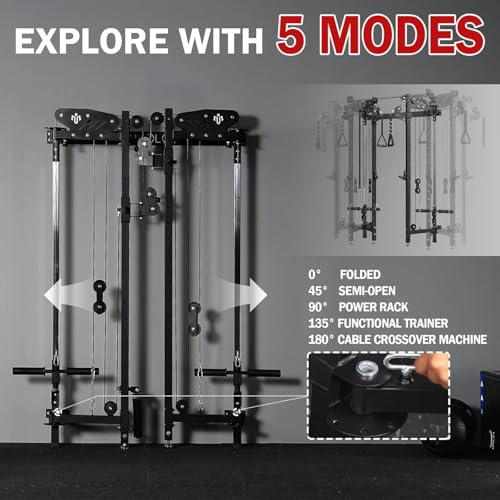 Mikolo Folding Squat Rack, Wall Mounted Power Rack with Cable Crossover Machine & LAT Pull Down, Functional Trainer with 5 Adjustable Function Modes, Home Gym Package - color: Black, size: WR00 Ultra (Alum Pulleys)
