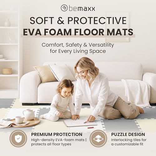 bemaxx Gym Mats Set - 18 pcs EVA Interlocking Foam Floor Tiles (12.6"x12.6"x0.4") 18sqft Protective Gym Flooring Sports Home Workout Exercise Mats Puzzle Garage Fitness Play-Room Pool Treadmill Bike - color: Sand Stone Trio, size: 18 Tiles | 18 sq ft
