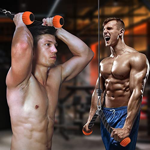 SELEWARE Rotating Straight Bar, Tricep Rope, Double D Row Handle, Rotating V Handle, Cable Machine Attachment with Non-Slip Soft Rubber Grip, Universal Attachment for Cable Machines - color: Orange Rubber Tricep Rope - 28inch