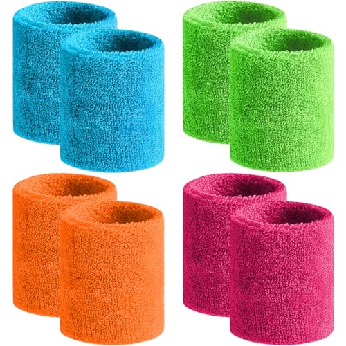BEACE Sweatbands Sports Wristband for Men & Women -8pcs Moisture Wicking Athletic Cotton Terry Cloth Sweatband for Tennis, Basketball, Running, Gym, Working Out - color: 2LT-Blue2Green2Orange2RoseRed