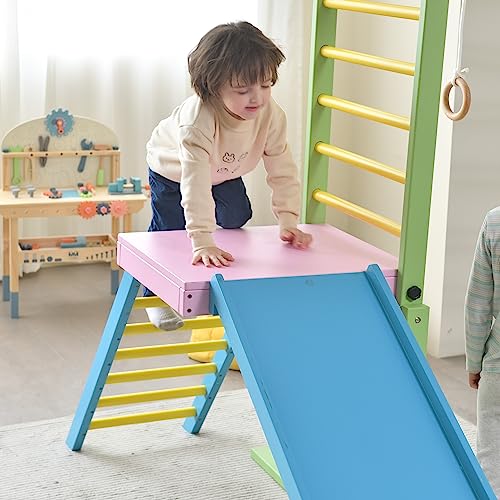 Avenlur Grove 9-in-1 Indoor Jungle Gym Playground: Montessori Waldorf Style Wood PlaySet for Kids, and Toddlers Features Monkey Bars, Rope Wall Net, Ladder, Climber, Slide, Ring Set. Ages 2-11yrs - color: Colorful