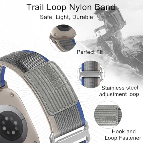 Trail Loop Nylon Band - Compatible with Apple Watch Ultra 2 Band/Ultra Bands 49mm 45mm 44mm Men Women, Braided Elastic Weave Sport Strap for iWatch Ultra 2, iWatch Ultra Series 10 46mm SE/9/8/7/6/5 - color: Trail/Blue Light Gray/Titanium