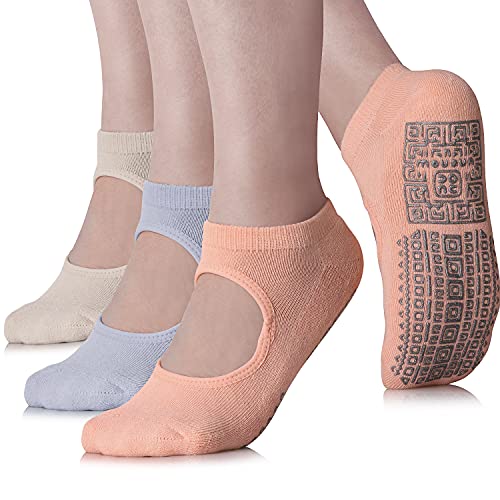 unenow Non Slip Grip Yoga Socks for Women with Cushion for Pilates, Barre, Home - color: 3 Pairs-pink/Light Blue/Beige