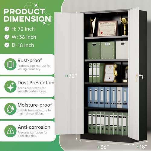 INTERGREAT Metal Storage Cabinet with Lock,72" Steel Lockable File Locker Cabinet with Locking Doors and Adjustable Shelves, Storage Lockers for Office, Home, Garage, Gym, School (Black Grey) - color: Black Grey, size: MSC-D18