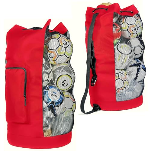 Fitdom Heavy Duty XL Soccer Mesh Equipment Ball Bag w/Adjustable Shoulder Strap Design for Coach. with an Over-Sized Front Pocket for Sporting Accessories. Best for All Outdoor & Water Gears - color: Red / Black