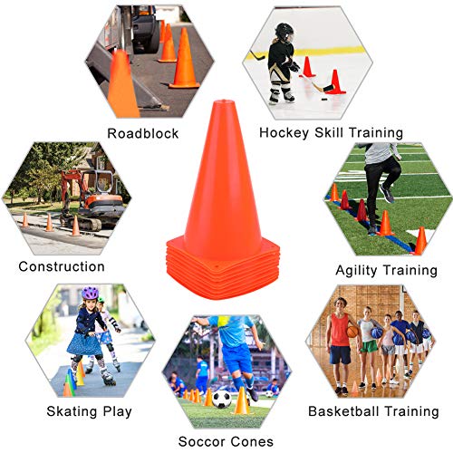 9 Inch Plastic Training Traffic Cones, Sport Cones, Agility Field Marker Cones for Soccer Basketball Football Drills Training, Outdoor Activity or Events - (Set of 10, 12, 15 or 24, 4 Colors) - color: 10 Pack Orange