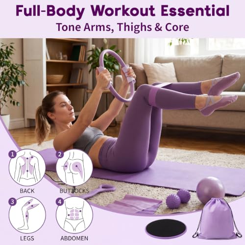 Hoikwo Purple TPE Pilates Kit for Home Workout, Complete Set with Pilates Ring, Resistance Bands, Yoga Ball, TPE Bands, TPR Massage Ball, Sliders, Along with an 8-Shape Band and Non-Slip Socks
