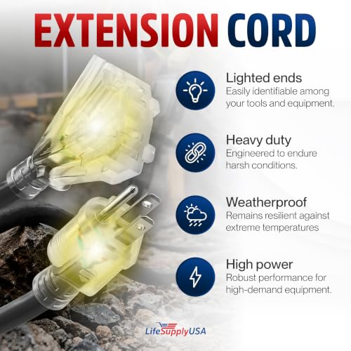 75ft Outdoor/Indoor Extension Cord 3-Outlet 12/3 Gauge Extra Heavy Duty 3 Prong SJTW, Waterproof, Flexible Cold-Resistant Long Power Cord,15A 125V 1875W, Black by LifeSupplyUSA - color: Black, size: 75FT