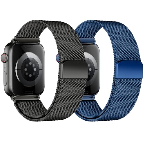 Stainless Steel Milanese Loop Compatible with Apple Watch Bands 49mm 46mm 45mm 44mm 42mm 38/40/41mm Men Women；Mesh Loop Magnetic Clasp Strap for iWatch Bands Ultra 3 2 1 Series 11 10 9 8 7 SE 6 5 4 - color: Black+Blue, size: 38mm/40mm/41mm/42mm(Series 11