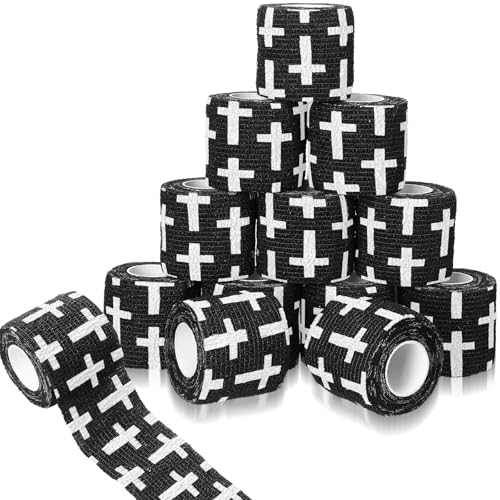 Geiserailie 12 Pack Christian Athletic Tapes 2 Inch x 5 Yards Self Adhesive Bandages Sports Wraps Breathable Elastic Wrap Non Woven Bandage for Wrist, Ankle, Baseball Football(Black) - color: Black