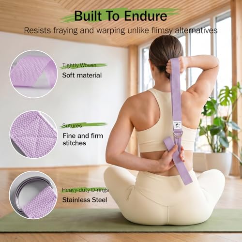 Slim Panda Yoga Strap for Stretching,Cotton Yoga Strap with Adjustable D-Ring Buckle,Non-Elastic Yoga Belt for Pilates,Gym Workouts,Physical Therapy,Improve Flexibility - color: Light Purple, size: 6 Feet