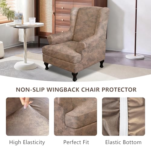 ANARACHON Leather Look Wingback Chair Covers, 2-Piece Wing Chair slipcover,Stretch Wing Back Armchair Slipcovers with Elastic Bottom, Soft Spandex Furniture Protector for Living Room (03 Light Brown) - color: Light Brown #3