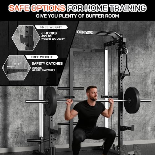Cofiyard Power Cage, Power Rack with Dual Pulley System, Multi-Function Squat Rack with Cable Crossover, Home Gym Workout Machine
