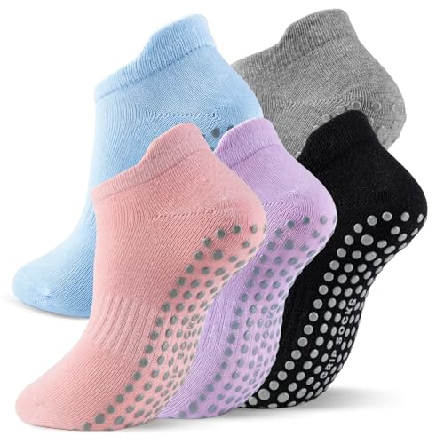 5 Pairs Pilates Socks with Grips for Women Non Slip Grip Yoga Crew Socks for Barre Hospital Barefoot - color: B - Black Gray Pink Purple Blue