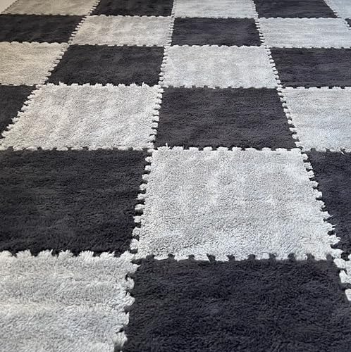 12pcs Carpet Squares Puzzle Floor Mat, Plush Interlocking Carpet Tiles, Anti Slip EVA Foam Jigsaw Floor Tiles, Build A Safe Area for Bedroom Playroom (Grey+Black) - color: Grey+black