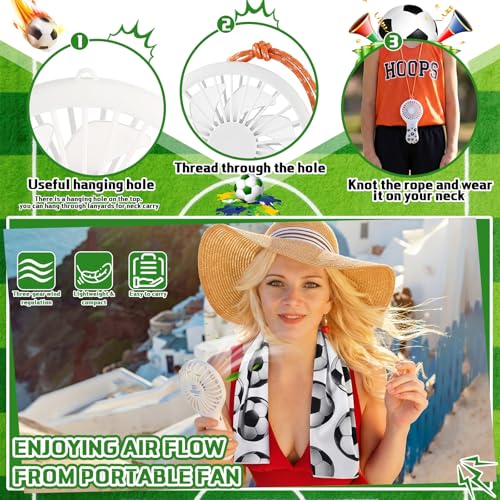 Woanger 24 Pcs Soccer Cooling Towels and Fans Sets Mini Handheld Fans Bulk 3 Speeds USB Lash Towel for Soccer Gifts for Sporting Team Games Party Favor - style: Soccer
