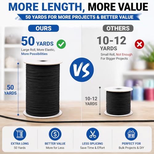 Lydia's Deal Elastic Cord 1/8 Inch (3MM) x 50 Yards Black, Stretch Elastic String for Sewing, Crafts, Jewelry, Beading, Mask Ear Loop, Strong & Soft Elastic Roll - color: Black, size: 1/8 Inch * 50 Yards