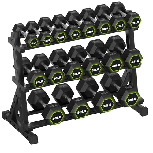 HANDBODE Dumbbell Set with 3-Tier Rack, 390-790 lb | Heavy Duty Weight Stand for Dumbbells, Space-Saving Metal Storage Organizer, Sturdy Dumbbell Holder for Home Gym - style: 570 lb Set (10-55 lb) *2 & Rack