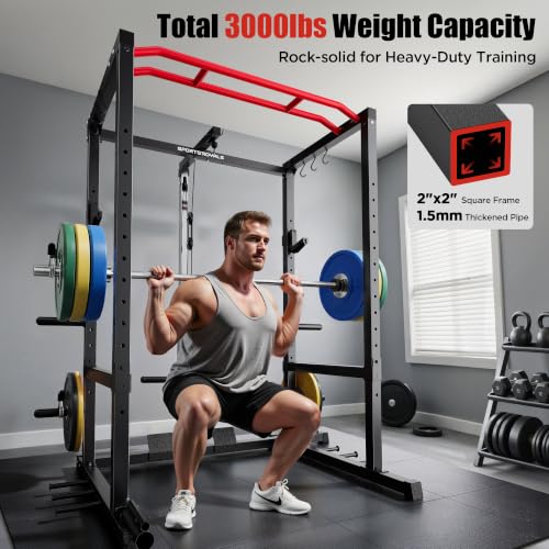 SPORTSROYALS Power Rack, Multi-Functional Power Cage, Squat Rack with Pulley System & LAT Pull Down, Workout Cage with J Hooks for Home Gym - color: Red, style: Power Cage Only