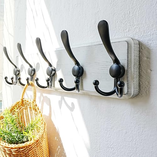 Dseap Coat Rack Wall Mounted - 5 Tri Hooks, Heavy Duty, Wooden Wall Coat Hanger Coat Hook for Clothes Hat Jacket Clothing, White & Black - color: White & Black, size: L=17.4"