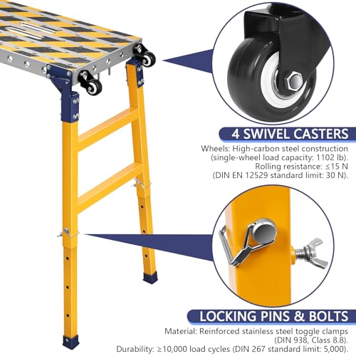 Versatile Portable Steel Work Bench with 4 Wheels 63×14 Inch | Foldable Welding Table with Height Adjustment, Heavy Duty Steel Construction Galvanized Tabletop Workbench with 1102 LBS - size: 63'' × 14.2''