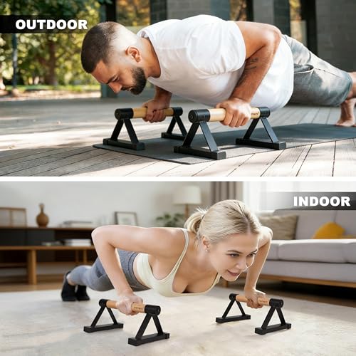 EVERYMATE Wood Push Up Bars Parallettes Bars with Rubber Feet, Anti-slip Handstand Bars for Calisthenics, Equipment for Home, Push Up Handles for Floor, Handstand Push Up Handles, Support 600 LB - size: A