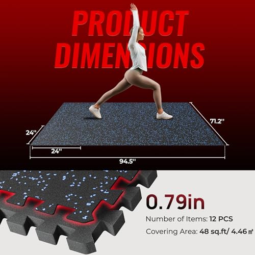 SUPERJARE 0.79'' Extra-Thick Exercise Equipment Mats, 12 Pcs 48 Sq Ft Rubber Top Floor Tiles with High Density EVA Foam, Interlocking Gym Flooring for Home Gym, Workout Mat, Black/Blue - size: 12 Tiles (48 Sq Ft)