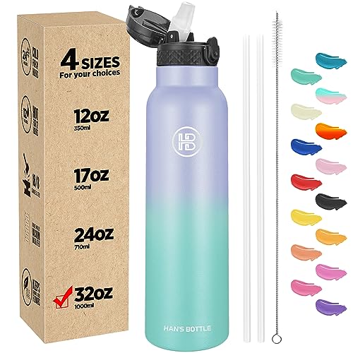 Han's Bottle Sports Water Bottle - 32 Oz, Straw Lid, Leak Proof, Vacuum Insulated Stainless Steel, Double Walled, Thermo Mug,Lilac green - color: Lilac green, size: 32 Ounces