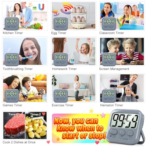 Antonki 2 Pack Digital Timer for Kids, Magnetic Countdown Kitchen Timers for Cooking, Egg, Classroom, Teacher, Exercise, Study, Oven - Battery Included - color: Space Grey