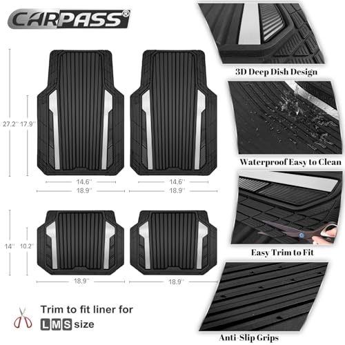 CAR PASS Heavy Duty Rubber Car Mats Metallic, Aluminum Film All Weather Floor Mats Waterproof Universal Trim to Fit for SUV Sedan Van 4 Piece Deep Dish Two-Tone Sporty Black Silver Chrome - color: Black and Silver