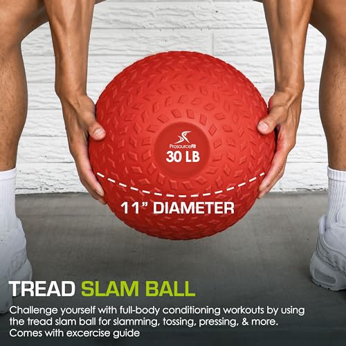 ProsourceFit Slam Medicine Balls 5, 10, 15, 20, 25, 30, 50lbs Smooth and Tread Textured Grip Dead Weight Balls for Strength and Conditioning Exercises, Cardio and Core Workouts - color: Red, size: 30 LB