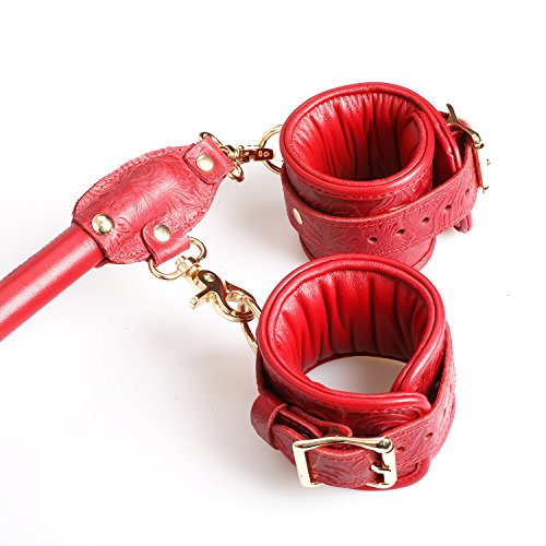 Wooden PU Spreader Bar with 4pcs PU Adjustable Straps,Workout Bar for Home Gym Training Bar,Portable Detachable Pilates Kit - style: Black+Embossed Red Kit